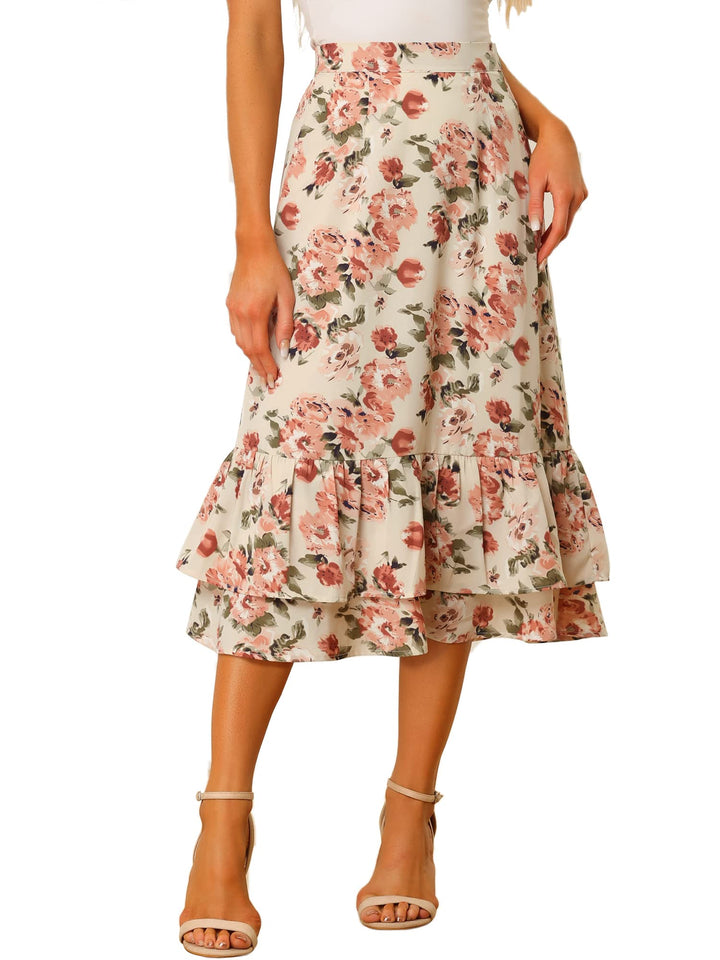 Allegra K Bedruckter Damenrock, Chiffon, elastische Taille, Rüschen, gestuft, fliessend, Midi-Röcke