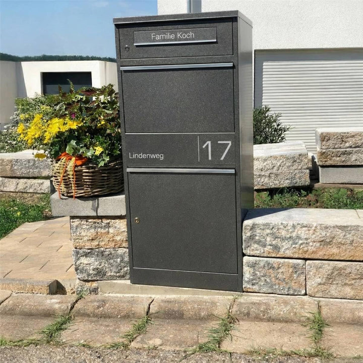 Metzler Paketbox draussen gross in Eisenglimmer DB703 - Briefkasten mit Paketfach personalisiert mit