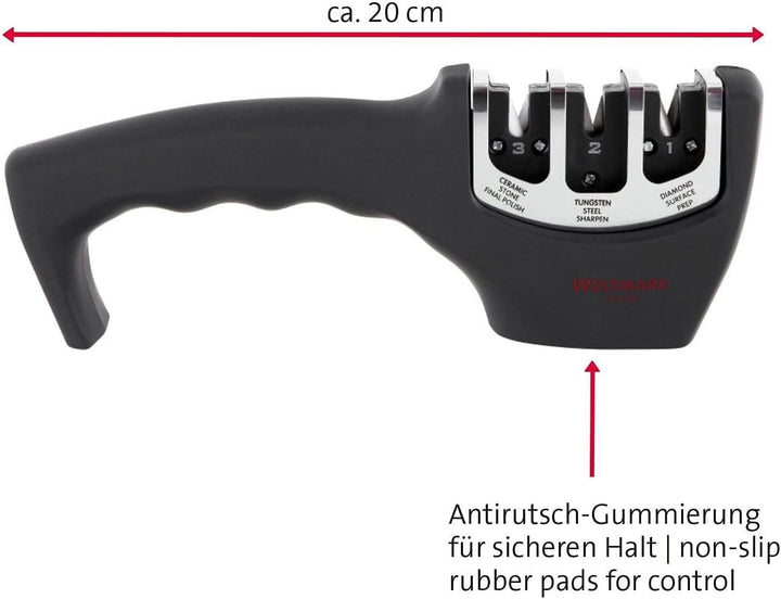 Westmark 3 Stufen-Messerschärfer mit Diamant-/Wolfram-/Keramik-Schleifsteinen, Deluxe, Schwarz/Silbe