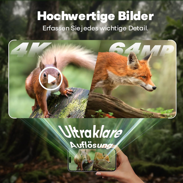 MAXDONE Wildkamera mit Handyübertragung App - Wildtierkamera 4K 64MP WLAN Solar Wildkamera mit 6000m