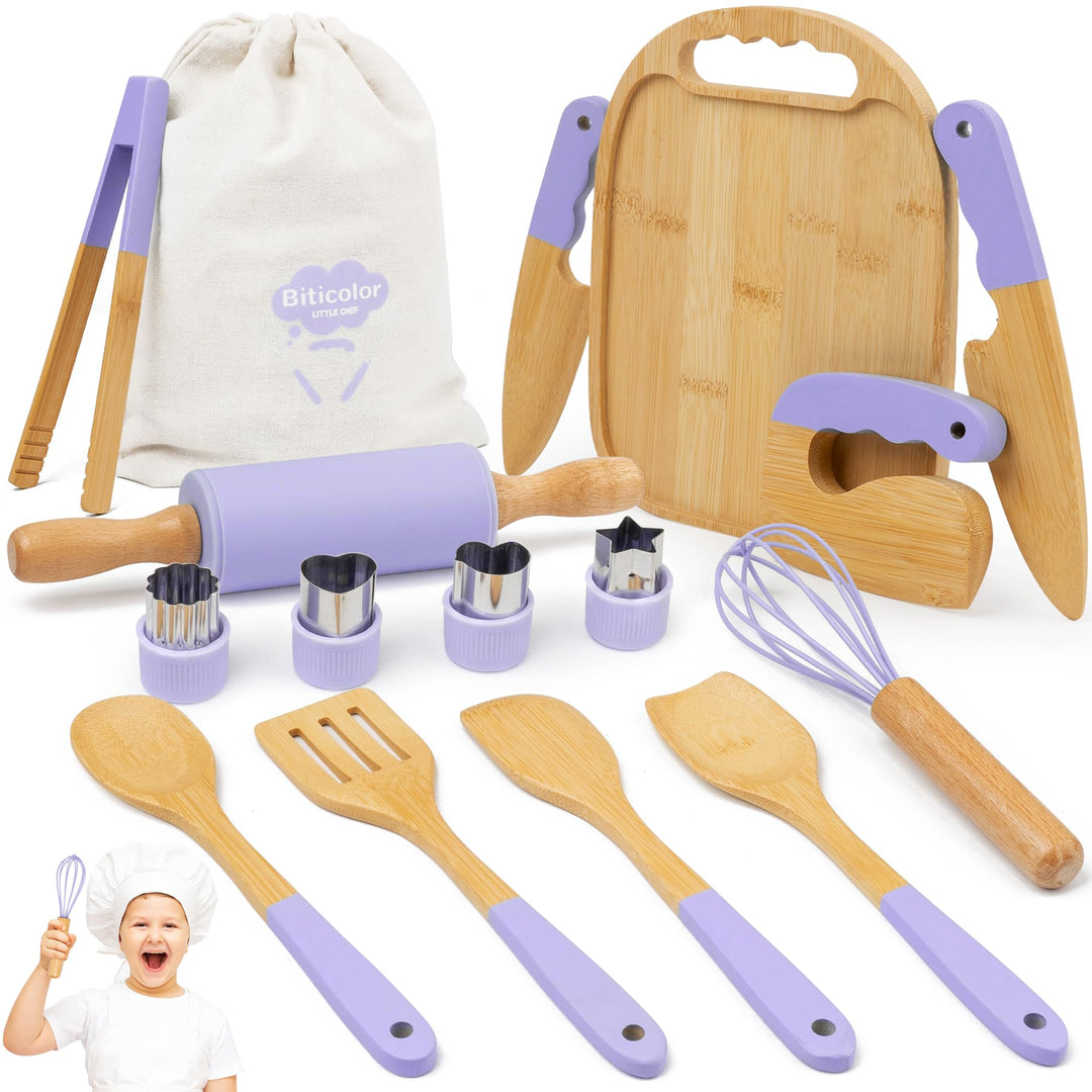 Kindermesser Set – 15-teilig mit sicherem Kiddikutter, Holzmesser Schneidebrett – Montessori Küchens