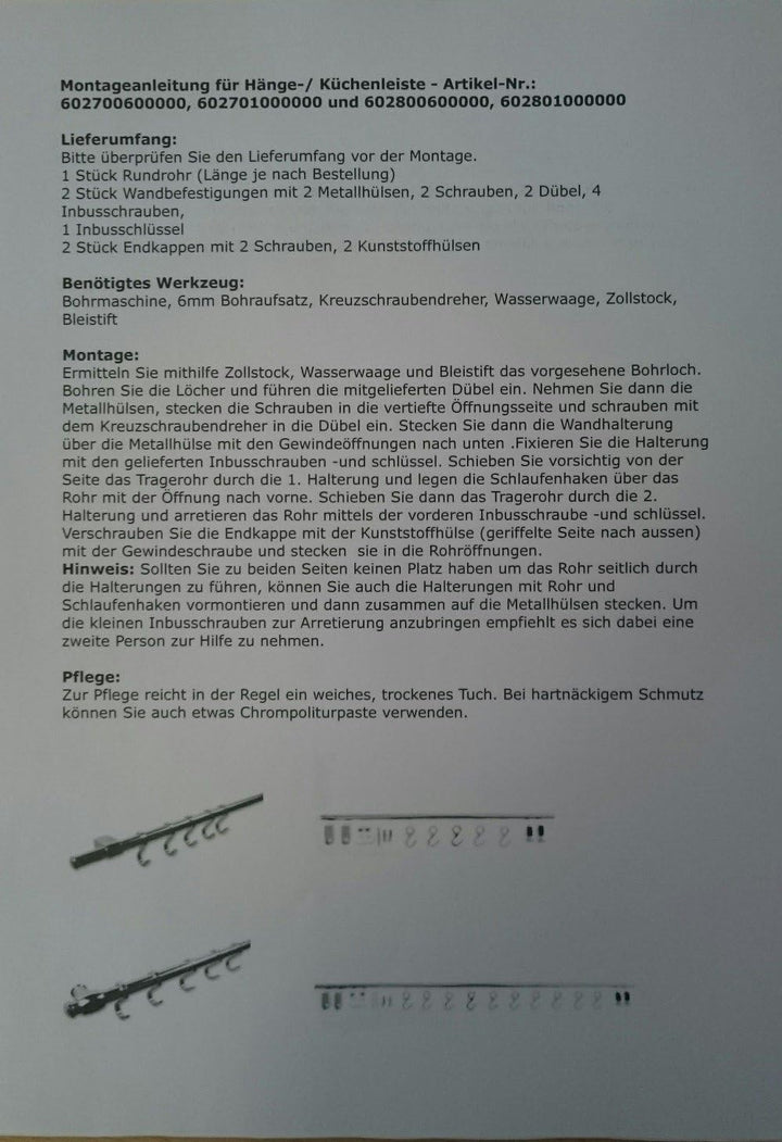 Hängeleiste/Küchenleiste zur Wandbefestigung 100cm, mit 10 Haken