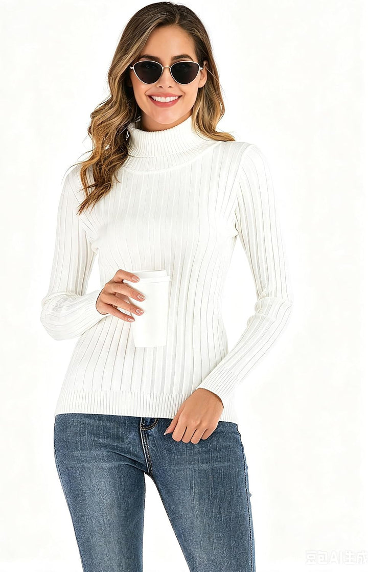 Enjoyoself Damen Strickpullover Gerippter Rollkragenpullover Feinstrick Elegant Langarm Strickpulli