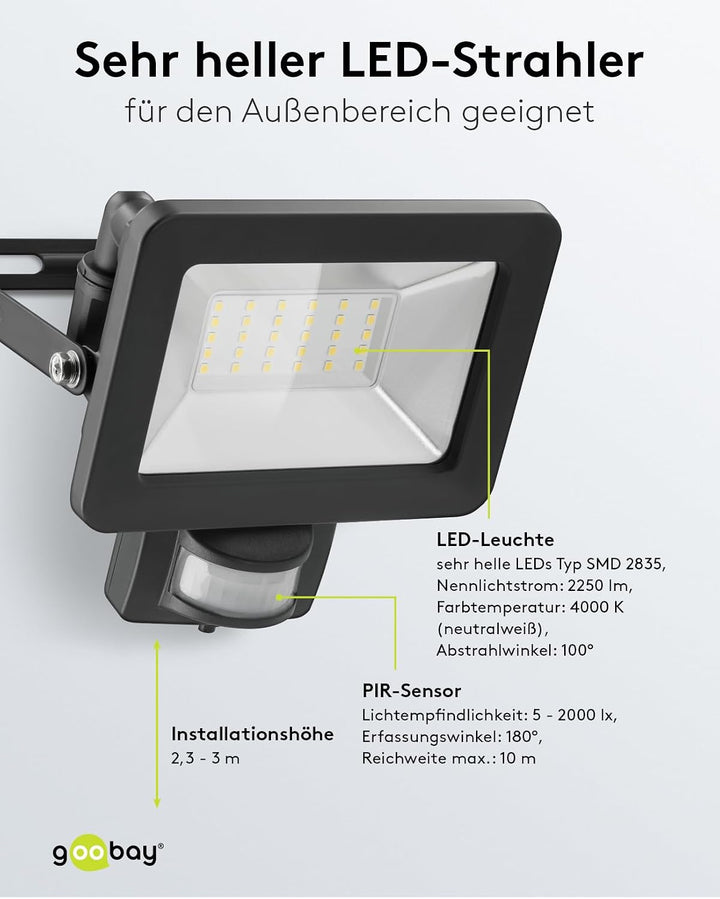 goobay 53881 LED Strahler Bewegungsmelder Aussen 30W / PIR Sensor Aussenstrahler IP44 / Neutralweiss
