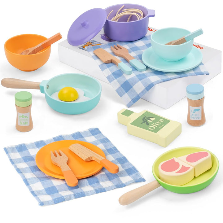 Kinderküche Zubehör Holz,Spielküche Zubehör,Puppengeschirr,Kinder Kochset Töpfe und Pfannen Set,Roll