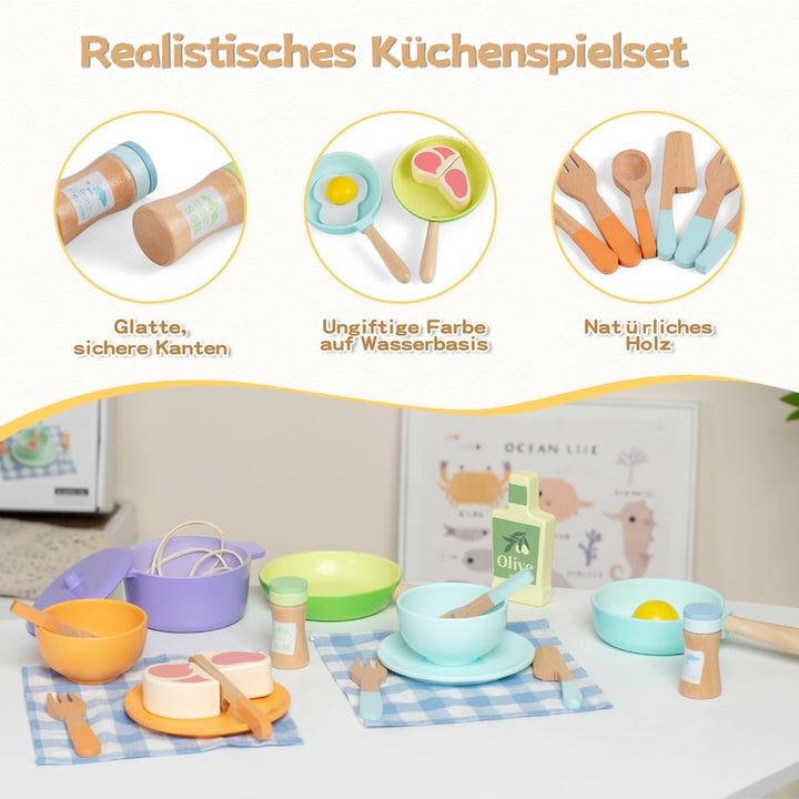 Kinderküche Zubehör Holz,Spielküche Zubehör,Puppengeschirr,Kinder Kochset Töpfe und Pfannen Set,Roll