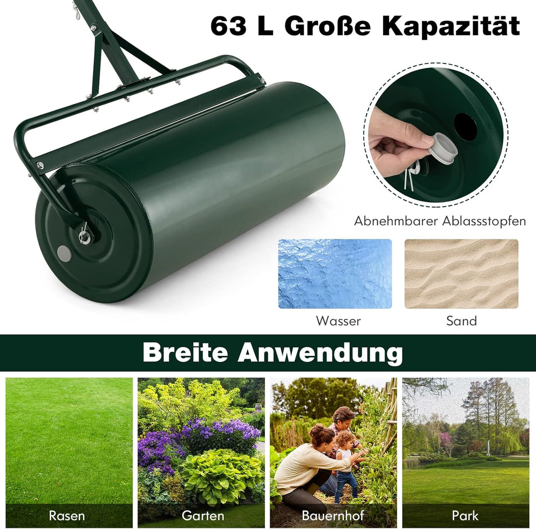 COSTWAY Rasenwalze befüllbar Wasser oder Sand, 63 L, Ø 30 cm x 99 cm, Bodenwalze mit Griff, Gartenwa