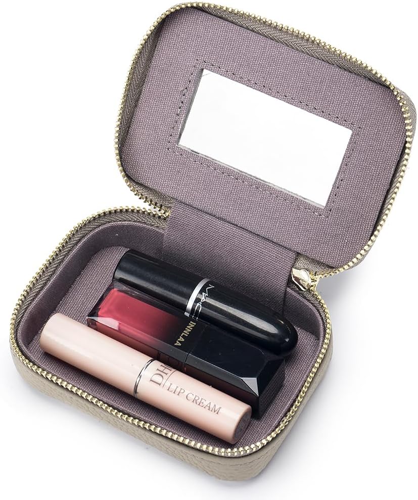 Lippenstift-Etui mit Spiegel, Leder, Reissverschluss, Lippenstift-Halter, Box, klein, Reise-Make-up-
