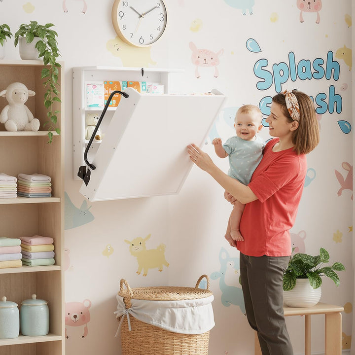 MSFE Wickelkommode Wickeltisch Klappbar, Baby Changing Table Wandwickeltisch mit 3 Regalfächern, Wic