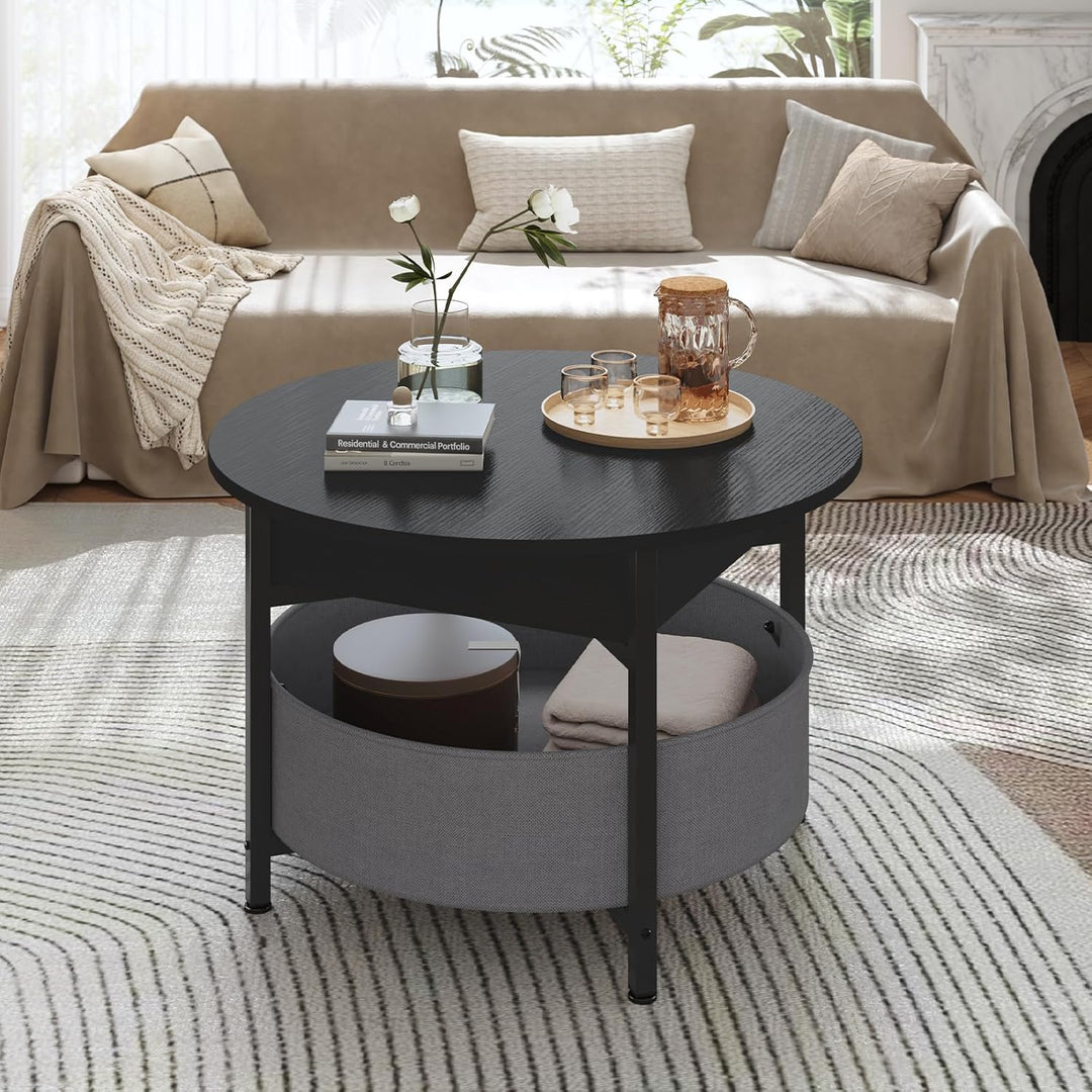 Couchtisch Rund mit Hebeplatte, Couchtisch Höhenverstellbar, Beistelltisch, Wohnzimmertisch mit Korb
