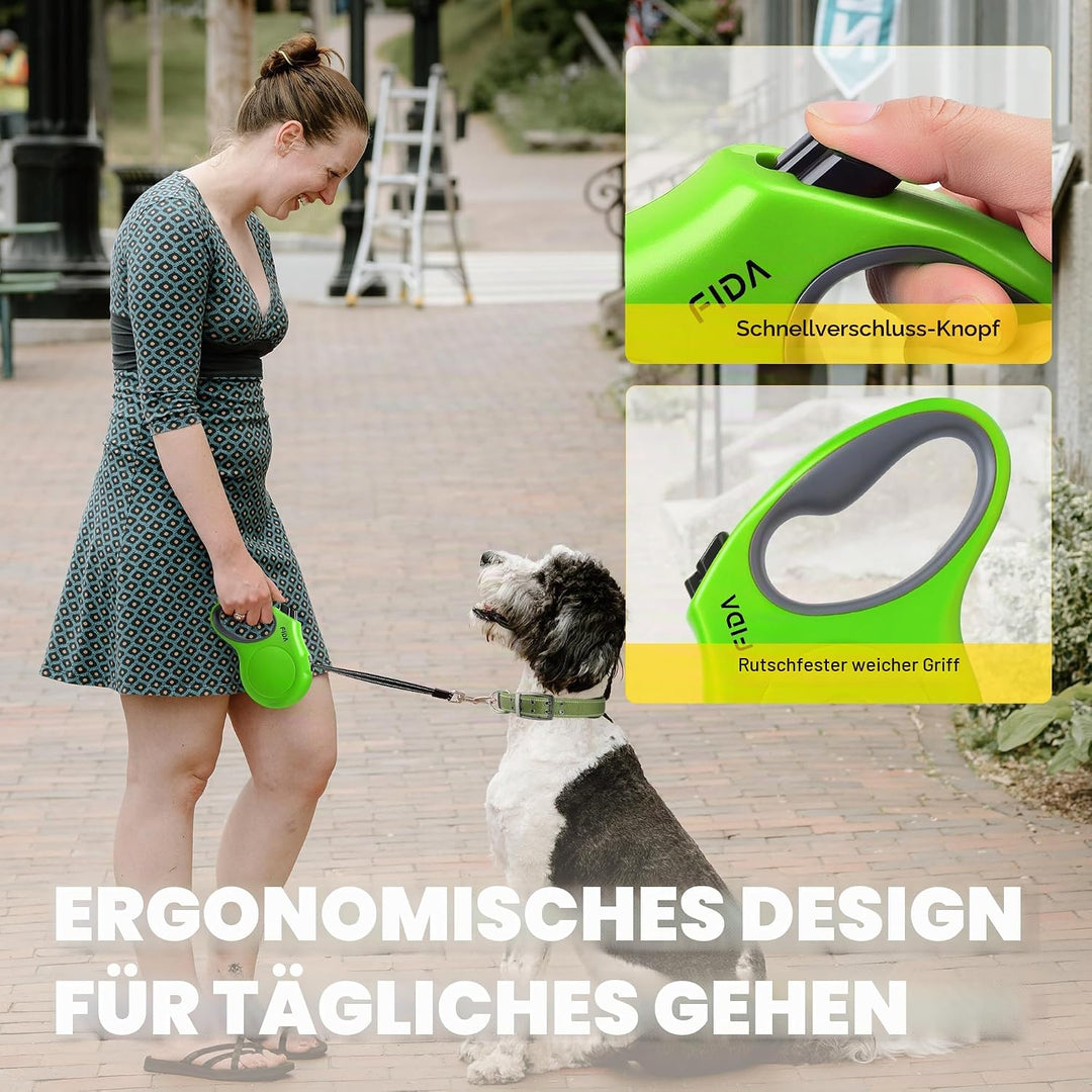 Fida Einziehbare Hundeleine, 5 m, strapazierfähig, für grosse Hunde bis zu 50 kg, verhedderungsfrei,
