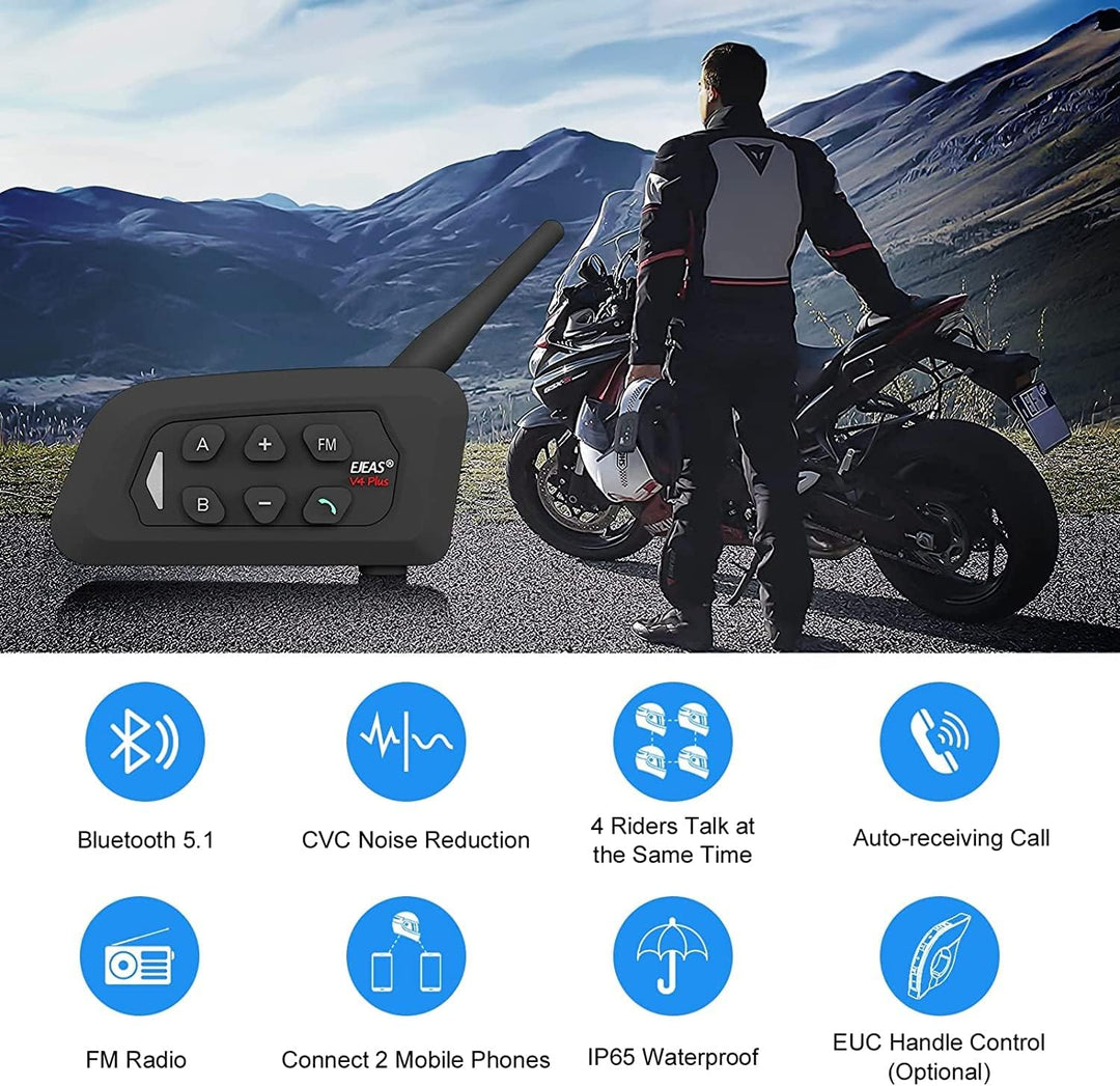 EJEAS V4Plus Motorrad Bluetooth Headset, Motorradhelm für bis zu 4 Motorräder mit Reichweite von 150