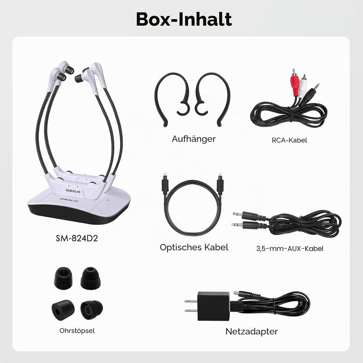 SIMOLIO Dual Digitale TV Hörsystem, 2.4GHz Kabelloser Kopfhörer für Fernseher &amp; Musikanlagen mit Ers