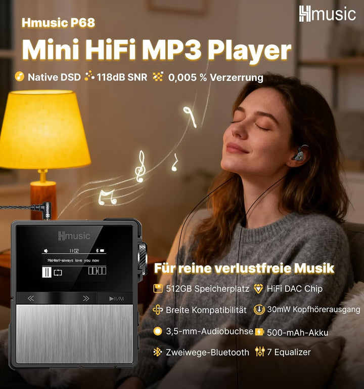 Hmusic P68 HiFi-MP3-Player mit Clip, verlustfreier DSD-Musik-Player mit hoher Auflösung, Bluetooth,