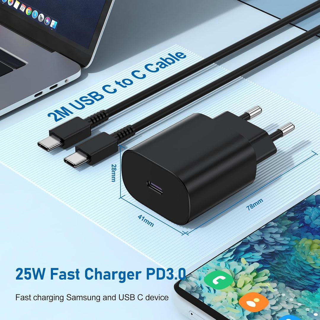 USB C Ladegerät, Schnellladegerät Samsung 25w mit 2M Kabel, Ladekabel USB C mit Netzteil,Typ C Schne